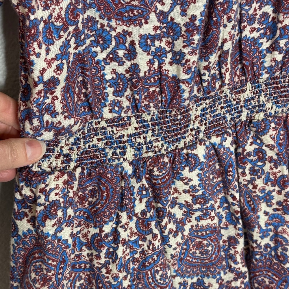 J. Crew Palermo Linen Smocked Waist Dress Size S Blue Red Floral Bouquet Cottage - Picture 7 of 10